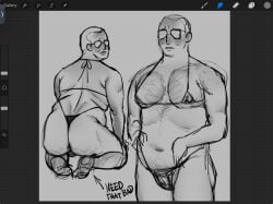 1boy 2025 belly belly_button bikini bikini_bottom bikini_top blush blush_lines blushing chest chest_hair chubby chubby_male closed_mouth clothed clothing donald_ferguson embarrassed english english_text glasses invincible invincible_(comics) invincible_(tv_series) light-skinned_male light_skin looking_at_viewer male male_only no_visible_genitalia open_mouth pluto_cronus short_hair simple_background solo solo_male standing teeth teeth_showing teeth_visible text