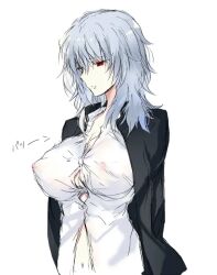 houkiri_nemu tsukihime tsukihime_(remake) vlov_arkhangel bad_id bad_pixiv_id 1girl alternate_costume arm_behind_back black_jacket breasts covered_nipples expressionless gakuran genderswap genderswap_(mtf) jacket large_breasts navel nipples open_clothes open_jacket pale_skin red_eyes school_uniform see-through_clothes see-through_shirt shirt sketch solo souya_high_school_uniform undersized_clothes upper_body vampire wardrobe_malfunction white_hair white_shirt
