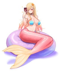 08m- 1girl :o ;o absurdres bikini blonde_hair blush breasts cellphone ear_piercing earrings hair_ornament highres holding holding_phone jewelry jpeg kitagawa_marin large_breasts long_hair merfolk mermaid mermaid_costume monster_girl monsterification one_eye_closed phone piercing pink_tail red_eyes shell shell_bikini smartphone solo sono_bisque_doll_wa_koi_wo_suru starfish_hair_ornament swimsuit tail teenage_girl