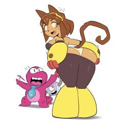 anthro ass big_ass brown_hair cat_ears cat_tail catgirl dressing fangs female furry gameoverse glitch_productions gobbles_(gameoverse) kaboodle_(gameoverse) kit_(gameoverse) open_mouth panties pants pants_pull putting_on_pants red_eyes striped_panties tagme taterdouce thick_thighs thighs yellow_panties