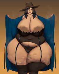 robe opening_robe lingerie chubby chubby_female cowgirl_hat milf fat wide_hips plump plump_thighs black_hair womunova large_breasts thighhighs thick_ass