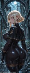ai_generated backdoorsenpai 1girl blue_eyes blonde_hair medium_hair single_sidelock low-tied_sidelocks pointy_ears one_eye_covered elf black_capelet gold_trim black_bodysuit black_coat collar black_gloves black_thighhighs garter_straps black_boots curvy wide_hips thick_thighs big_ass large_breasts thighs ass perky_breasts egao naughty_face naugty_eyes arch closed_mouth looking_ahead looking_at_viewer portrait profile upper_body chi_(the_eminence_in_shadow) the_eminence_in_shadow kage_no_jitsuryokusha_ni_naritakute!