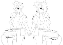 2futas akimichi_chouchou balls big_penis black_and_white boruto:_naruto_next_generations breasts erection forehead_protector futa_only futanari hair_over_one_eye hand_holding headband holding_hands jacket kunoichi large_penis milking milking_machine naruto naruto_(series) nipples open_clothes open_mouth penis queen_hina sketch small_breasts standing testicles tied_hair tongue tongue_out twintails veiny_penis yodo