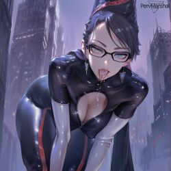 hair_bun spitting saliva close-up leaning_forward ai_generated marshalperv pervmarshal female 1girls shiny_skin short_hair black_hair bayonetta bayonetta_(character) latex_suit solo_female