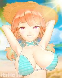 1girls 3d animated beach big_breasts bikini female female_focus female_only hands_behind_head hololive hololive_english itshollu jiggling_breasts large_breasts light-skinned_female light_skin looking_at_viewer no_sound outside purple_eyes smile swimsuit swinging_breasts takanashi_kiara teeth video virtual_youtuber wink winking_at_viewer
