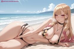 kiraamane ai_generated patreon seductive sexy uncensored watermark hi_res high_quality high_resolution marin_kitagawa my_dress_up_darling breasts swimsuit 1girl bikini side-tie_bikini day beach jewelry nipples navel ocean lying large_breasts blonde_hair long_hair on_side blush earrings bangs sky black_bikini solo outdoors choker cleavage cloud looking_at_viewer blue_sky red_eyes eyebrows_visible_through_hair collarbone areolae horizon necklace