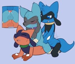 2026 absurd_res alternate_color anal anal_penetration animal_genitalia animal_penis anthro anus balls biped black_body black_fur blue_background blue_body blue_eyes blue_fur blush bodily_fluids butt_stack canine_genitalia canine_penis cheek_tuft collar cum cum_in_ass cum_inside cum_while_penetrated cutaway digital_drawing_(artwork) digital_media_(artwork) digitigrade ejaculation eyes_closed facial_tuft fan_character flat_colors fur fur_tuft generation_4_pokemon genital_fluids genitals group group_sex half-closed_eyes head_tuft hi_res knot knotted_penis knotting leg_wraps looking_pleasured lying lying_on_ground male male/male male_anthro male_on_anthro male_on_bottom male_on_top multiple_angles narrowed_eyes nintendo on_bottom on_front on_ground on_top open_mouth open_smile orange_body orange_fur penetration penile penile_penetration penis pokemon pokemon_(species) porldraws riolu sandwich_position sex sheath simple_background slim slim_anthro slim_male smile sweat three-quarter_view thrust_lines thrusting trio tuft wraps