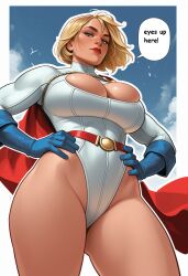 1girls ai_generated alien alien_girl alien_humanoid blonde_hair blue_eyes dc dc_comics english english_text kryptonian power_girl short_hair speech_bubble superhero superheroine superman_(series)