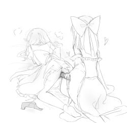 2girls ass assisted_object_insertion back_bow blush bow chinese_commentary commentary_request dildo frilled_skirt frills grabbing_another's_ass greyscale groping hair_bow hakurei_reimu heart highres kirisame_marisa long_hair lying missing_headwear mixed-language_commentary monochrome multiple_girls object_insertion on_stomach panties rescc_(089) sex_toy skirt socks touhou underwear unworn_panties vaginal vaginal_object_insertion yuri