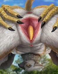 anthro avian beak black_beak black_body black_feathers black_wings blue_sky blurred_background day feathered_wings feathers genitals gryphon hi_res himeragoldtail looking_at_viewer looking_through looking_through_legs male male_anthro mouth_closed mythological_avian mythological_creature mythology nude penile_spines penis presenting_genital_slit sky slim_anthro slim_male solo spread_genital_slit white_body white_feathers white_wings wings yellow_body yellow_eyes yellow_feathers yellow_penis