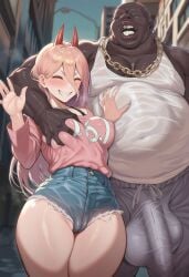 1boy 1girls 2d ai_generated balls_bulge blonde-haired_female blonde_female blonde_hair breast_grab bulge bulge_through_clothing cameltoe chainsaw_man closed_eyes dark-skinned_male dark_skin fat_male female grin hotpants male penis_bulge power_(chainsaw_man) shirt standing sweat sweatdrop thick_lips thick_thighs thighs ugly_bastard waving