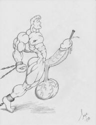 2008 bara cock_and_balls_torture dated gay hyper_balls jayse_(artist) male male_only monochrome muscular original tagme torture traditional_media white_background
