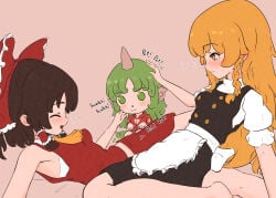 3girls :3 absurdres apron arm_support ascot black_skirt black_vest blonde_hair blush bow braid brown_hair closed_eyes curly_hair english_text female female/female female_only frilled_bow frilled_hair_tubes frills green_hair hair_bow hair_tubes hakurei_reimu headpat highres horns kirisame_marisa kokowoch komainu_girl komano_aunn lesbian_sex long_hair missing_headwear motion_lines multiple_girls open_mouth pussy_grinding red_bow red_shirt red_skirt rubbing rubbing_pussy scissoring shirt side_braid single_braid single_horn skirt skirt_set spread_legs touhou tribadism very_long_hair vest visible_breath waist_apron white_apron yellow_ascot yellow_eyes yuri