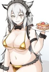1girl alternate_breast_size_(larger) alternate_costume animal_ears arknights arm_strap bikini black_bikini black_bow black_bowtie bow bowtie breasts cleavage commentary_request food frills gold_bikini grey_eyes hair_between_eyes hockcqqdmc6864 holding holding_plate lappland_(arknights) large_breasts long_hair looking_at_viewer maid maid_bikini navel partial_commentary plate scar scar_across_eye scar_on_face simple_background sketch solo swimsuit traditional_bowtie unconventional_maid white_background white_hair wolf_ears wolf_girl yellow_bikini