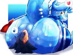 antennae_(anatomy) anthro backsack balls big_balls big_butt blue_background blue_body blue_clothing blue_fur blue_kerchief blue_legwear blush blush_lines bodily_fluids border butt clothing dizzy dizzy_eyes dragon duo emanata facesitting fan_character felipotyphlosion femboy footwear fur generation_2_pokemon generation_6_pokemon genitals goodra gradient_background hair head_tuft heart_symbol hi_res huge_butt kerchief legwear long_ears lying male male/male mammal musk mythological_creature mythological_scalie mythology nintendo open_mouth pokemon pokemon_(species) red_eyes red_kerchief scalie sex simple_background sitting sitting_on_another socks speech_bubble sweat sweat_emanata sweatdrop sweaty_butt tan_body tan_fur thick_thighs tuft typhlosion white_border