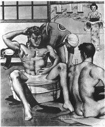 1960 1girls 3boys archived_source ass back_view bill_maclane female gay male male_focus monochrome muscular no_visible_genitalia original traditional_media william_maclane