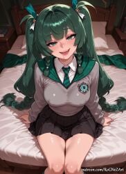1girl 2026 ai_generated anime bangs bed black_skirt blush boobs braid braided_hair breasts cleavage collared_shirt covered_nipples crossover drooling eye_contact female female_focus flushed green_eyes green_hair green_necktie hair_accessory hair_ornament highres hoyoverse huge_breasts indoors inside kneehighs large_breasts long_hair long_sleeves looking_at_viewer mihoyo miniskirt moaning necktie nsfw on_bed open_mouth patreon patreon_username pigtails pillow pleated_skirt qingyi_(zenless_zone_zero) rognezart saliva school_uniform shirt sitting skirt smile smiling socks solo sweater teeth twin_braids twintails very_long_hair white_shirt zenless_zone_zero