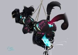anal animal_genitalia anthro anus arctic_wolf balls bdsm belt big_breasts black_body black_fur blinders bodily_fluids body_writing bound breasts bridle canid canine canis chain chained clothing collar cuffs_(clothing) cum cum_inside cum_on_feet ejaculation emptylighter equine_genitalia eyewear feet fur gag genital_fluids genitals gynomorph hair_up harness hi_res hooves intersex latex legwear mammal messy metal penis petplay ponyplay roleplay solo suspension thigh_highs tongue tongue_out trans_(lore) trans_woman_(lore) wolf