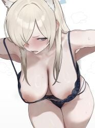 ubamaru blue_archive kanna_(blue_archive) absurdres highres 1girls :q animal_ear_fluff animal_ears blonde_hair blue_eyes blue_halo blush bra breasts dog_ears dog_girl hair_over_one_eye halo huge_breasts licking_lips long_hair nipples open_bra panties sharp_teeth simple_background solo sweat teeth tongue tongue_out underwear underwear_only white_background