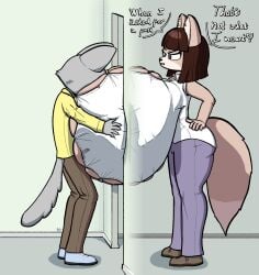 absurd_res anthro big_breasts breast_grab breast_play breasts bulging_breasts canid canine canis clothing collared_shirt dialogue domestic_dog doorway dress_shirt duo face_in_breasts female fox hand_on_breast hi_res huge_breasts hyper hyper_breasts inside male male/female mammal penis_silhouette sex sherbetjester shirt stuck titfuck titfuck_under_clothes topwear unprofessional_behavior