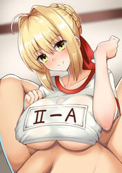 1boy ahoge bangs blonde blonde_hair blush braided_hair breasts closed_mouth collarbone commentary_request dain_(bishop_m) eyebrows_visible_through_hair fate/extra fate/grand_order fate_(series) female green_eyes gym_uniform hair_ribbon large_breasts looking_at_viewer nero_claudius_(fate) nero_claudius_(fate)_(all) nero_claudius_(olympian_bloomers) olympian_bloomers paizuri paizuri_under_clothes red_ribbon ribbon short_hair short_sleeves solo_focus straight