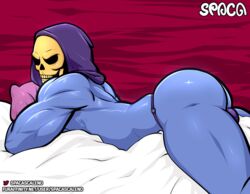 ass bone clothing digital_media_(artwork) g-string hi_res humanoid looking_at_viewer lying male male_only on_front pillow skeletor skull solo spaca underwear