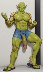 abs ai_art ai_generated antennae_(anatomy) barefoot biceps black_fingernail_polish black_fingernails black_toenail_polish black_toenails calves circumcised cock_out crotchless dragon_ball dragon_ball_z dragonball_z exposed_glans exposed_penis fingernail_polish fingernails five_toes flip_flops green_skin half_naked jeans_shorts large_penis multicolored_body multicolored_skin muscular muscular_male namekian nipples pale_soles pecs piccolo pixai ripped_clothing ripped_pants sharp_fingernails sharp_toenails short_jean_shorts short_shorts solo solo_focus solo_male spiky_ears thick_thighs toenail_polish toenails_polish veiny_penis
