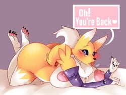 1girls anthro big_breasts blue_eyes blush breasts canine digimon feet female fox laying_down mammal nic-m-lyc pawpads renamon