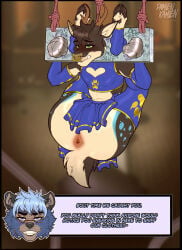 absurd_res anthro antlers anus arms_tied armwear badger bdsm black_body black_fur black_hair black_nose blue_body blue_clothing blue_eyes blue_fur blue_hair blush bondage bottomwear bound brown_body brown_fur butt cheerleader cheerleader_outfit clenched_teeth clothed clothing crop_top damienkamien deer degradation dirty_talk dominant dominant_anthro dominant_male duct_tape duo ear_piercing ears_back eyebrows facial_piercing facial_scar fur gay gay_male gold_(metal) green_eyes hair half-closed_eyes hands_tied heart_symbol hi_res hooves horn humiliation legs_behind_back legs_tied legs_up legwear louis_(rashthefur) male male/male mammal markings mustelid musteline narrowed_eyes nose_piercing nose_ring piercing pivoted_ears restraints ring_piercing rope scar sequence shirt shy skirt smile speech_bubble spots spotted_body spotted_fur spread_legs spreading stocks submissive submissive_anthro submissive_male tail tally_marks tape tape_bondage teeth text thrack topwear yaoi