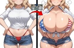 1girls 2d ai_generated american_flag_bikini before_and_after big_ass big_breasts blonde_hair blue_eyes blush breast_expansion breast_growth breast_implants breasts_bigger_than_head breasts_bigger_than_torso bursting_breasts comparison denim_shorts edit expansion front-tie_top gigantic_breasts girls_und_panzer growth growth_drive head_out_of_frame highleg_panties hyper hyper_breasts kay_(girls_und_panzer) meme navel schoolgirl shiny_skin simple_background size_difference smug thick_thighs tied_shirt torn_clothes wardrobe_malfunction white_shirt wide_hips