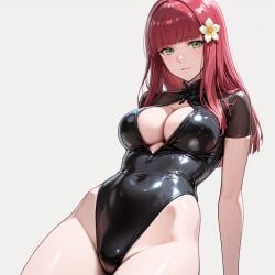 1girls ai_generated breasts cleavage female female_only flower_in_hair green_eyes light-skinned_female light_skin nier nier:_automata nier_replicant popola red_hair redhead redhead_female solo solo_female solo_focus white_background