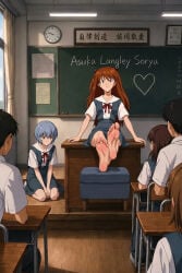 2boys 4girls ai_generated asuka_langley_sohryu barefoot blackboard blue_eyes blue_hair character_name cheerful clothed confidence confident confident_female crossed_ankles dominant_girl feet female femdom fetish foot_fetish foot_focus foot_stool footstool hair_between_eyes hair_ornament happy happy_female happy_girl headwear interface_headset introducing_self introduction kuudere legs long_hair looking_at_viewer male multiple_females multiple_girls neon_genesis_evangelion orange_hair pov_feet presenting presenting_feet rei_ayanami school_uniform schoolgirl_uniform sitting smile smiling smiling_at_viewer smug smug_face smug_smile soles soles_fetish solo teenage_female teenager tokyo-3_middle_school_uniform tsundere writing