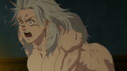 dorohedoro noi_(dorohedoro) white_hair 1girl muscular muscular_female large_breasts convenient_censoring ass mouth_open red_eyes screencap on_all_fours