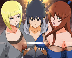 1boy 2girls big_breasts blonde_hair bob_cut breast_grab brown_hair long_hair male mature_female mei_terumi naruto naruto_shippuden nipples nipples_visible_through_clothing otoi_rekomaru samui sasuke_uchiha