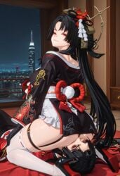 neverness_to_everness hotori_(neverness_to_everness) femdom facesitting ass ass_focus ass_smothering face_in_ass long_hair black_hair red_eyes makeup japanese_clothes kimono obi white_thighhighs thigh_strap high_heels ai_generated looking_at_viewer looking_back dominant_female submissive_male