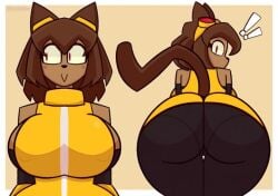 !! anthro ass ass_focus bent_over big_ass big_breasts breasts brown_hair cameltoe cat_girl dress erect_nipples_under_clothes euphorica fat_ass female_only furry gameoverse goggles goggles_on_head hype_ass hyper hyper_breasts kit_(gameoverse) pantylines sideboob tagme thighs twitter_link