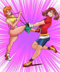 2girls aged_up ass brown_hair female female_only guyverreset human kasumi_(pokemon) may_(pokemon) multiple_girls nintendo orange_hair pokemon pokemon_frlg pokemon_rgby pokemon_rse thick_thighs thigh_gap underboob undressing wide_hips yuri