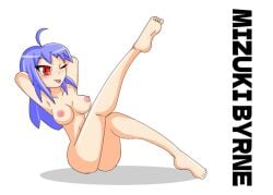 1girls daceking mizuki_(daceking) completely_nude completely_nude_female original_character original tongue_out white_background simple_background english_text arms_behind_back blue_hair red_eyes tongue wink light-skinned_female ahoge medium_breasts nipples petite petite_female areolae breasts_focus feet simple_shading blush blushing blushing_female sitting female_only solo_focus solo_female pose posing_for_the_viewer thighs legs leg_up soles plain_background light_blue_hair purple_hair woman human human_only leaning_back