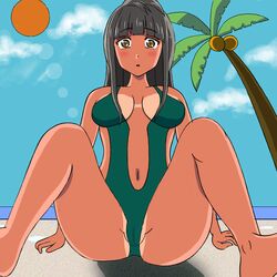 1girls bangs beach blue_sky blush blushing breasts cameltoe cleavage clothing clouds curvy eyebrows_visible_through_hair female female_only fully_clothed green_one-piece_swimsuit green_swimsuit grey_hair highres long_hair looking_at_viewer love_live! love_live!_school_idol_project mature_female medium_breasts milf minami_kotori's_mother mismatched_tanlines navel ocean one-piece_swimsuit one_piece_swimsuit open_mouth outdoors palm_tree sea sexually_suggestive sitting sky sole_female solo spread_legs sun swimsuit tan tan_skin tanline tanlines thick_thighs tree unburi wide_hips