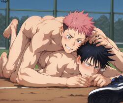 male male_focus male_only muscular muscular_male yaoi gay bara ai_generated jujutsu_kaisen randgai itadori_yuuji fushiguro_megumi