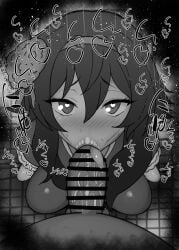 1boy 1girls :>= bare_shoulders big_penis black_and_white blowjob blue_archive blush breasts censored dark-skinned_male dark_skin detailed_background dress drooling eyelashes fellatio female gehenna_academy_student giver_pov hair_flower hairclip haruka_(blue_archive) heart heart-shaped_pupils human indoor inside kurotama looking_at_viewer male male_pov oral oral_sex penis pov problem_solver_68_(blue_archive) room saliva shiny shiny_skin short_hair sketch small_breasts sound_effects squatting sweat text tongue tongue_out vein veins veiny veiny_penis