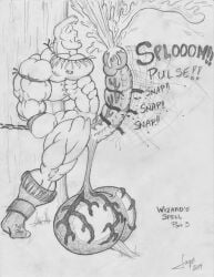 2014 bara cock_and_balls_torture dated gay hyper_balls jayse_(artist) male male_only monochrome muscular original tagme torture traditional_media white_background