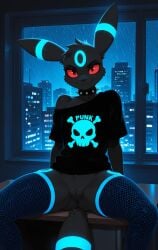 1girls 2026 ai_generated anthro bare_shoulders black_fur blue_markings bottomless bottomless_female city dark_room desk digitigrade eeveelution eyeshadow female female_only fishnet_legwear fishnets flat_chest generation_2_pokemon glowing hi_res indoors innie_pussy night nintendo off_shoulder pokemon pokemon_(species) presenting presenting_pussy punk punk_girl pussy raining red_eyes shiny_pokemon shirt sitting smug smug_smile spiked_collar spread_legs umbreon zonoya_(artist)
