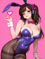 1girl ai_generated animal_ears arlequin097 bare_shoulders black_pantyhose blue_leotard bow bowtie breasts brown_eyes brown_hair brown_pantyhose cleavage closed_mouth covered_navel cowboy_shot d.va detached_collar facial_mark fake_animal_ears hair_bow headset heart heart_facial_mark highleg highleg_leotard large_breasts leaning_to_the_side leotard lips long_hair looking_at_viewer one_side_up overwatch overwatch_2 pantyhose pink_background pink_bow pink_bowtie playboy_bunny purple_leotard rabbit_ears shiny_clothes simple_background smile solo strapless strapless_leotard thighband_pantyhose whisker_markings wrist_cuffs