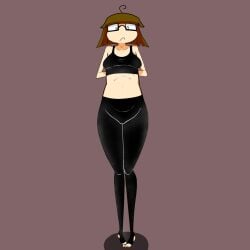 1girl 1girls 2026 ahoge brown_hair brunette brunette-haired_female brunette_female brunette_hair ethicalgooner2007_(kryptraider) glasses hand_on_glasses meme pale pale-skin pale-skinned_female pale_skin pale_skinned_female petite petite_body petite_female ribs short_hair skinny skinny_female skinny_girl solo solo_female solo_focus square_glasses standing highandlow1982 breasts small_breasts flat_chest flat_chested pantyhose leggings black_spots sports_bra low-angle_view low_angle arms_behind_back hands_behind_back feet full_body toes toeless_footwear