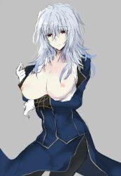 houkiri_nemu tsukihime tsukihime_(remake) vlov_arkhangel bad_id bad_pixiv_id 1girl arm_under_breasts ascot black_pantyhose blue_coat breasts coat formal_clothes genderswap genderswap_(mtf) gloves grey_background hair_between_eyes large_breasts long_hair long_sidelocks messy_hair nipples pale_skin pantyhose red_eyes sidelocks sketch solo undressing vampire white_gloves white_hair