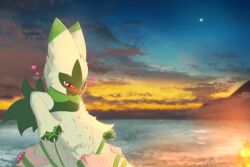 anthro blush bodily_fluids bound crotch_tuft cunnilingus digital_media_(artwork) duo faceless_character felid feline female fire floragato fur generation_9_pokemon genital_fluids genitals green_body green_fur heart_symbol hi_res human human_on_anthro interspecies male male/female mammal mr._fs multi_nipple nintendo nipples nude oral pokemon pokemon_(species) pokephilia seaside sex sunset tuft vaginal vulva