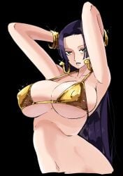 1girls belly belly_button big_breasts bikini black_hair boa_hancock bracelet bracelets breasts earring earrings female_only gold_bikini golden_bikini golden_bracelet golden_bracelets golden_earrings golden_eyes golden_week huge_breasts long_hair massive_breasts nipples nipples_visible_through_clothing one_piece pose posing wanderjegson white_body white_skin
