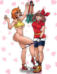 2girls abs ass bottomless breasts brown_hair female female_only fit guyverreset human kasumi_(pokemon) may_(pokemon) multiple_girls nintendo orange_hair pokemon pokemon_frlg pokemon_rgby pokemon_rse thick_thighs undressing wide_hips yuri