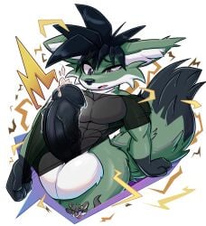 absurd_res anthro big_penis black_penis canid canine electricity fox genitals hi_res lightning male mammal marymory penis rakurai_senku_(raikoukitsune) solo storm_kitsune